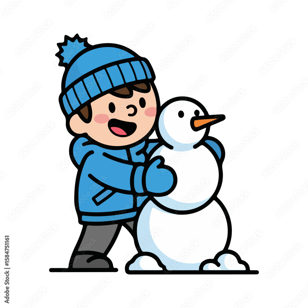 Naklejka premium Cartoon character building a snowman, winter fun theme. Vector flat design cartoon. AI generated images. 