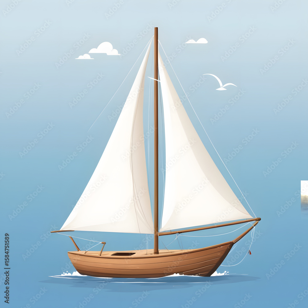 Fototapeta premium Coastal Escape Vector Illustration of a Traditional Sailing Vessel on a Peaceful Ocean