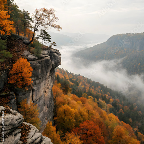 Sharp rocky cliff overlooking a forest of orange trees, with vibrant autumn colors and a clear sky, creating a striking natural view.