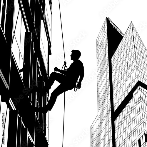 Silhouette of a man rappelling down a skyscraper, with another building in the background, against a white backdrop.