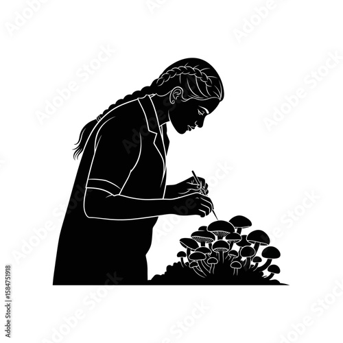 Silhouetted female scientist meticulously examining mushrooms with a tool.