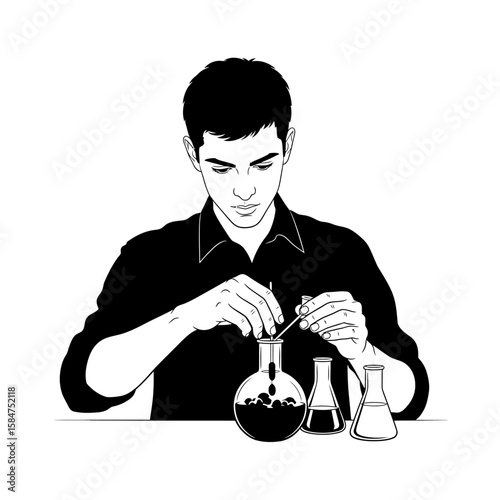 A scientist carefully mixing chemicals in a flask, conducting an experiment with precision.