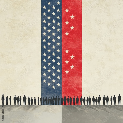 A split scene showing the US flag on one side and an illustration of people standing in line to cast their votes, with the shapes representing the red, white, 