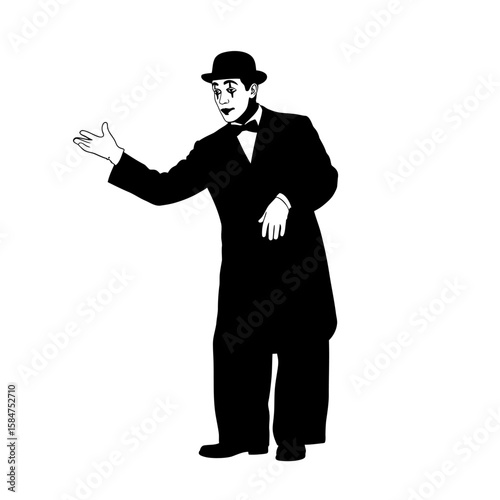 Black and white silhouette of a classic mime in performance pose.
