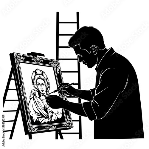 A man painting a portrait of a woman on a canvas, with a ladder in the background.