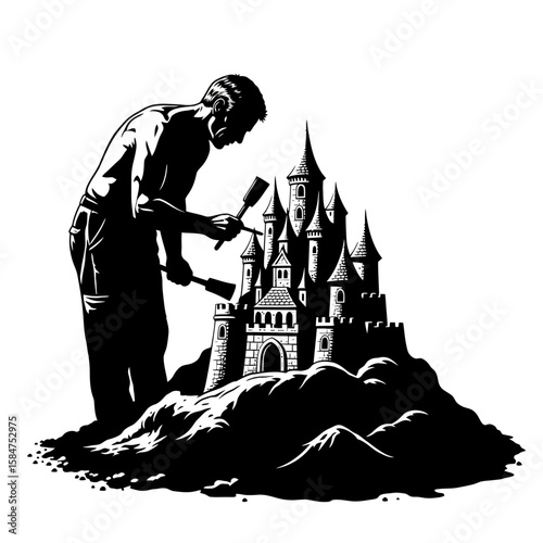A man meticulously sculpts a detailed sandcastle with tools, showcasing architectural precision and artistic skill.