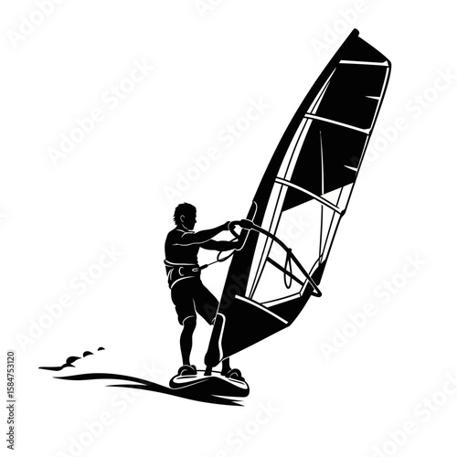 Silhouette of a windsurfer skillfully navigating the water, harnessing wind power on a board with a sail.