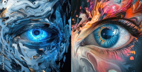 A split-screen graphic with one side featuring the detailed blue eye of an AI robot and the other showcasing vibrant, abstract digital art with swirling colors.