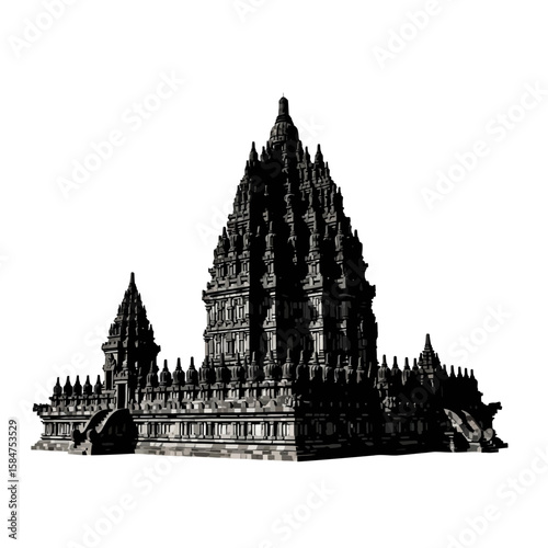 Illustration of the Prambanan Temple complex, a 9th-century Hindu temple compound located in Central Java, Indonesia.