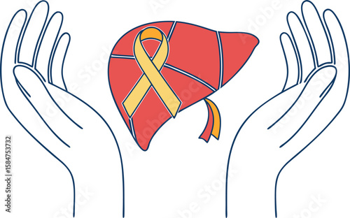 Stylized Liver with Yellow Ribbon Held by Human Hands