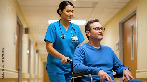 Nurse comforting patient in hospital hallway