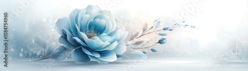 A large, delicate blue flower with soft petals blooms alongside light branches against a serene, misty background with subtle bokeh effects.