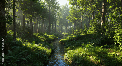 A breathtaking forest landscape featuring lush green trees, sunlight filtering through the leaves, and a peaceful, natural atmosphere. Perfect for themes related to nature’s beauty, eco-tourism, outdo