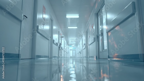 A clean, modern hospital corridor with bright lighting and shiny floors, emphasizing healthcare and safety.