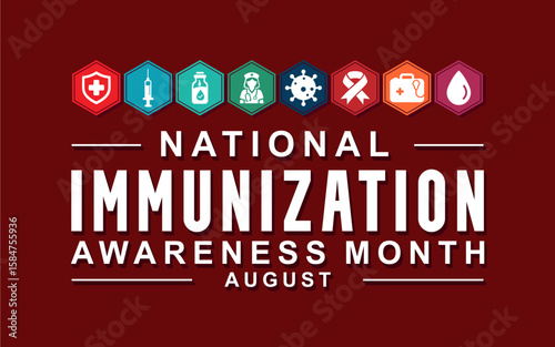 National Immunization Awareness Month. August celebrates immunization month with a banner or poster featuring icons of various medical devices, nurses, and ribbons. Best for banners, posters, card.