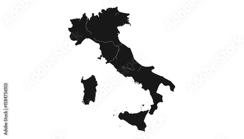 Silhouette of Italy's geographical outline, depicting its regional divisions in black.