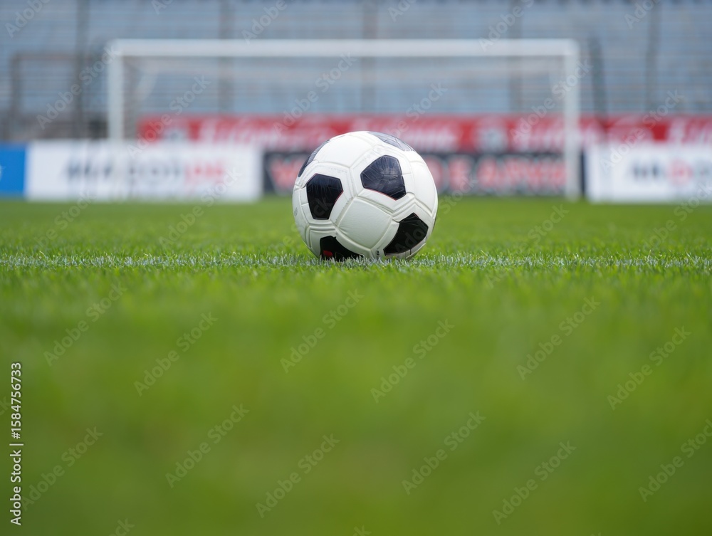 Obraz premium A Close-Up View of a Soccer Ball Centered on a Lush Green Field with Goalposts in the Background, Capturing the Essence of Team Sports and Athletic Play.
