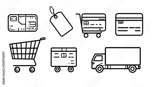 Monochrome illustration featuring various icons representing shopping and commerce elements.