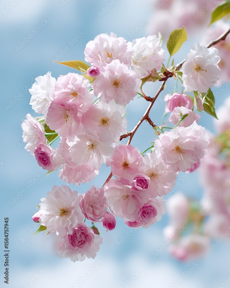 Fototapeta premium Delicate pink cherry blossoms blooming on a branch against a bright blue sky