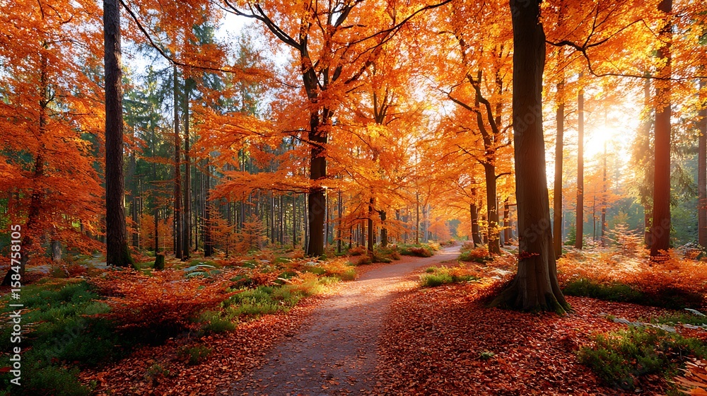 Fototapeta premium Autumnal forest path sunlight through orange leaves trees nature scene