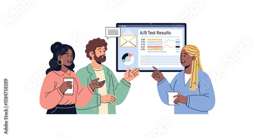 Diverse Team Analyzing AB Test Results on Screen with Charts and Data.