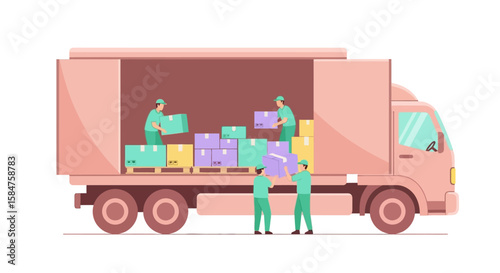 Pink Delivery Truck with Workers Loading Colorful Boxes on Pallet.
