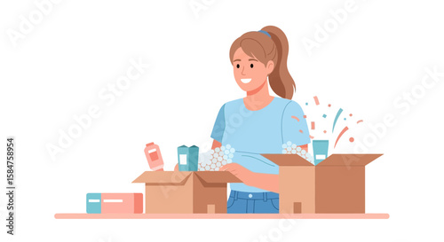 Smiling Woman Packing Boxes with Products Flat Vector Illustration.