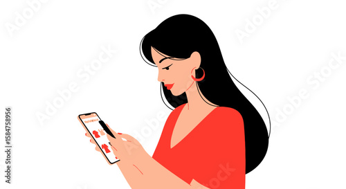 Stylish Woman Shopping Online with Smartphone Red Dress Black Hair Hoop Earrings.