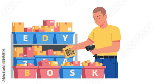 Warehouse Worker Scanning Barcode on Package in Storage Bins.