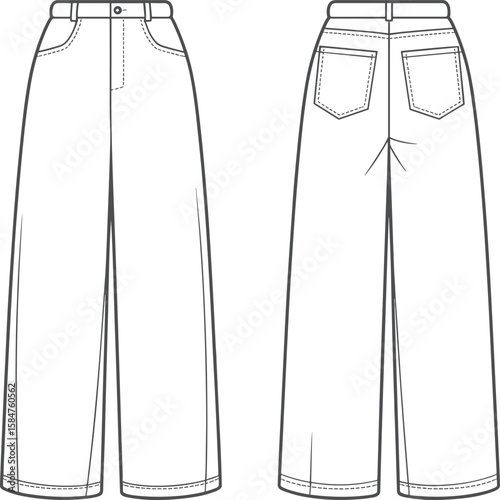 Flat technical sketch of wide leg high waist pants front and back, detailed fashion CAD for garment design illustration