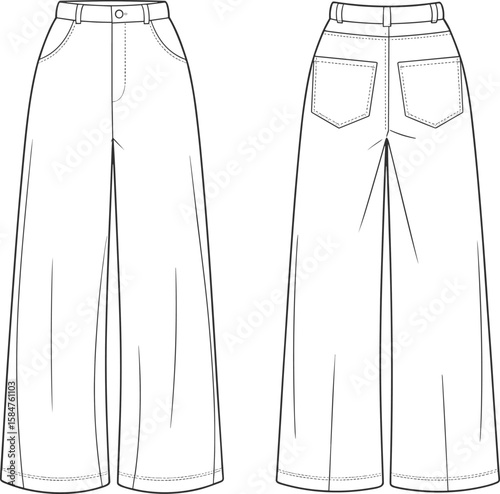 High waist wide leg pants flat sketch, front and back CAD illustration for fashion design, trousers, garment, technical drawing
