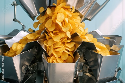 Golden Potato Chips Cascade through Stainless Steel Machinery, depicting modern food production and offering a glimpse into snack manufacturing.