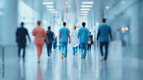A diverse group of healthcare professionals walking through a modern hospital corridor, focused on their duties.