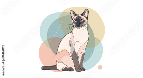 Elegant Siamese Cat Sitting Amidst Soft Pastel Circles and Subtle Geometric Lines Creating a Whimsical Artistic Atmosphere