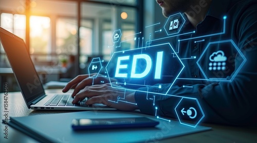 EDI, Electronic Data Interchange Concept. Businessman working on EDI icons, global data transfer, digital security, usage of laptop or technology 3d render