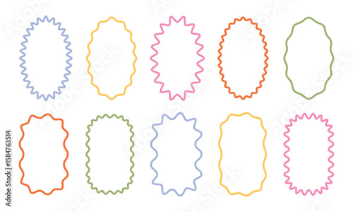 Wavy Scalloped Rectangular and Oval Frames Collection.  Zig zag wavy edge. Vector jagged geometric rectangular circular. Abstract elements for template, stickers, web or social media design.