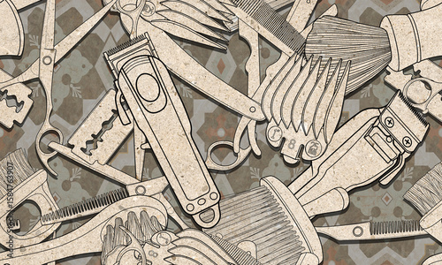 Wallpaper Mural Seamless barber tools pattern illustration mixed textured background and wallpaper design.	 Torontodigital.ca