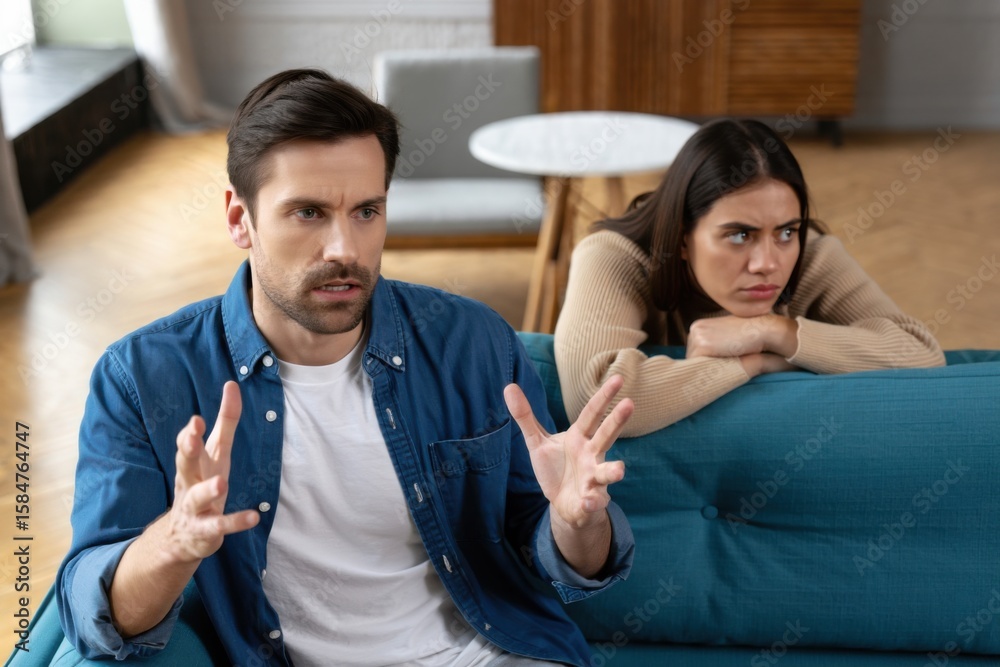 Fototapeta premium A Couple Engaged in a Heated Discussion, One Partner Expression of Frustration, Implying Miscommunication and Emotional Conflict in Their Relationship Dynamics