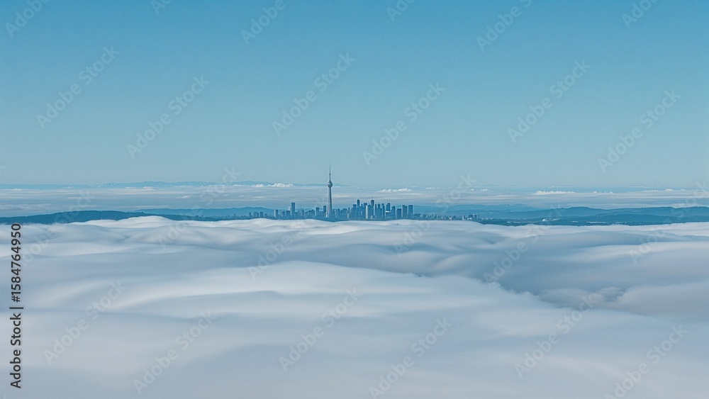 Obraz premium A mesmerizing cityscape emerges from a sea of clouds, with the skylines towers piercing through the fog in a breathtaking aerial view