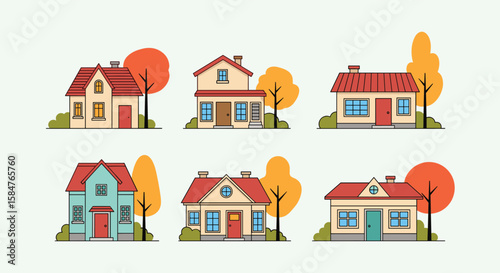 Charming collection of six distinct pixelated houses with autumnal trees and landscaping in a bright graphic style