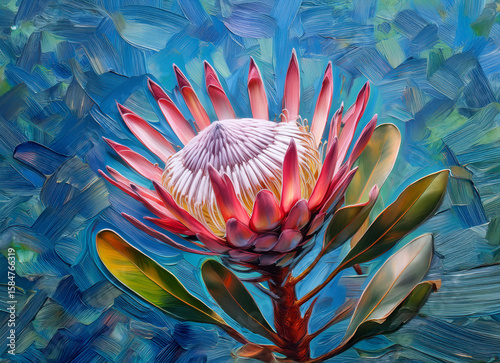 A vibrant pink protea flower blossoms against a textured, blue-toned background of brushstrokes.  The image evokes a feeling of tropical warmth and artistic expression.