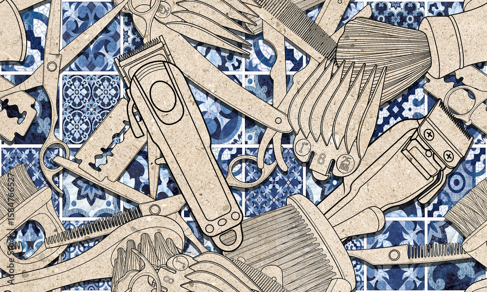 Obraz premium Seamless barber tools pattern illustration mixed textured background and wallpaper design. 