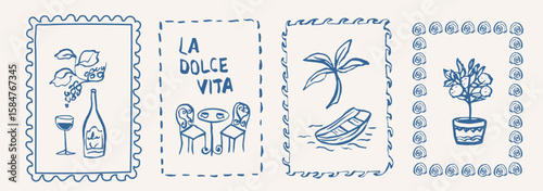 Vintage Italian postcard stamp collection. Retro poster, frame or border design