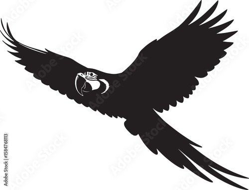 Powerful black silhouette of a large macaw parrot in dynamic flight, perfect for tropical, wildlife, and exotic bird designs