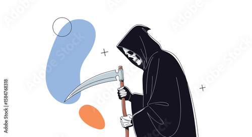 A shadowy figure cloaked in black holding a scythe with abstract shapes floating around it symbolizing death and the unknown