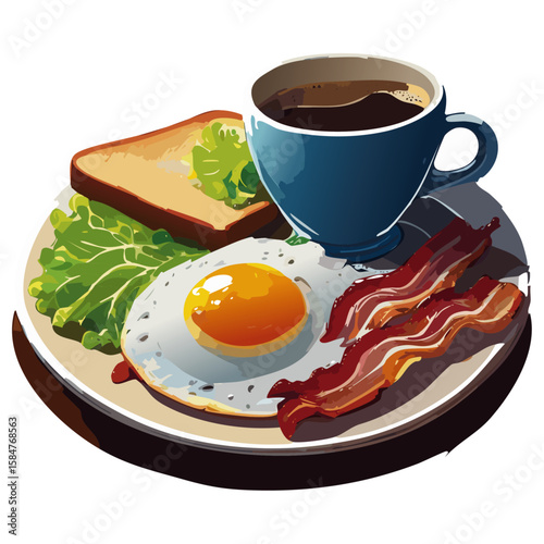 朝食にパンとコーヒー（ベーコン、目玉焼き、サラダ）