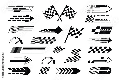 Racing Stripes & Finish Line Icon Set - Checkered Flags Vector Graphics for Motorsport Design