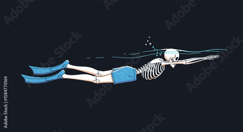 Skeleton Swimming Underwater Wearing Blue Swim Trunks and Flippers