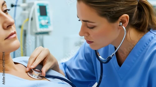 Nurse listening to patient's heartbeat in hospital