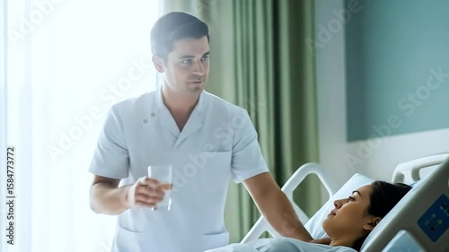 Nurse offering water to patient in hospital room